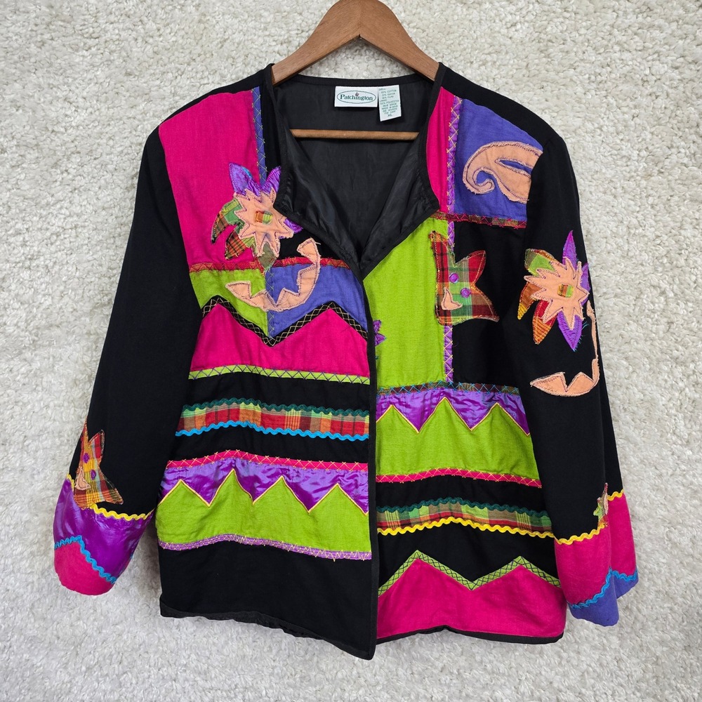 Patchington Patchwork Jacket Womens XL Black Multi Art to Wear 90s Maximalist
